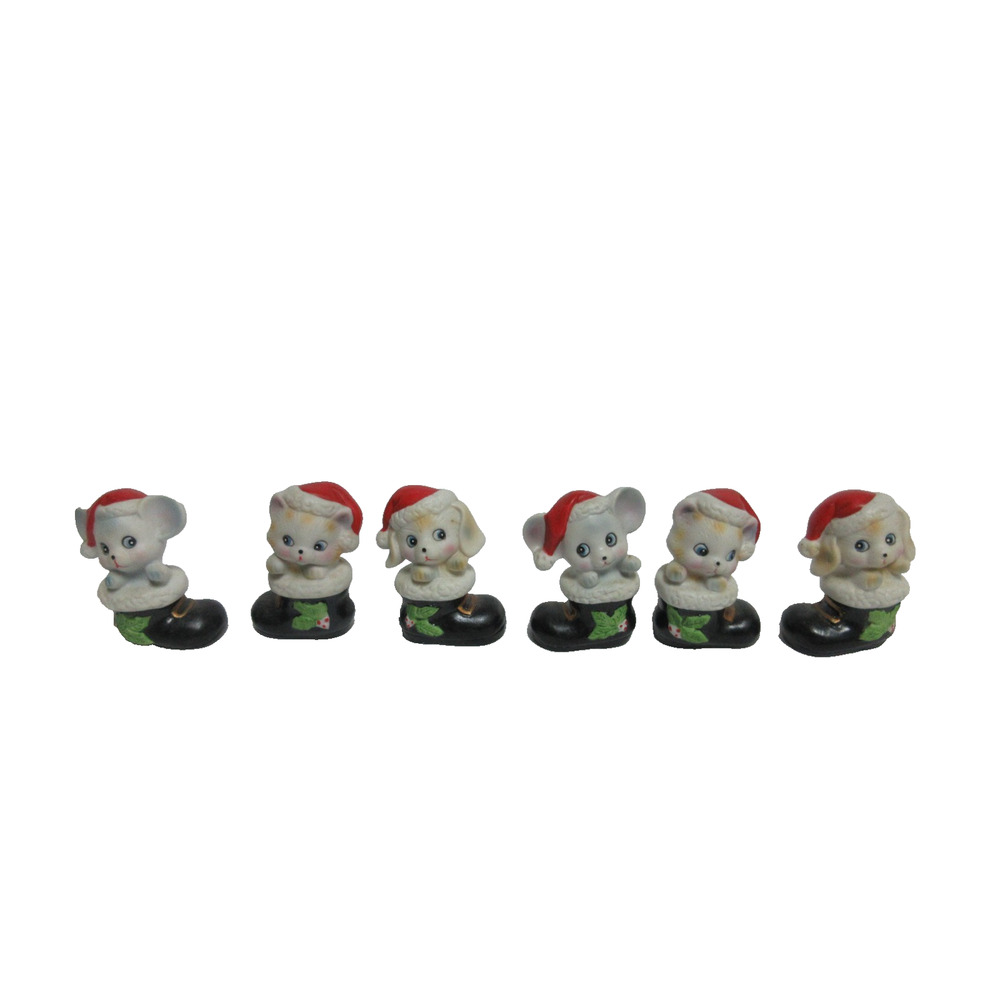 VTG HOMCO Porcelain Christmas Santa Boot Mouse,Dog,Cat 3.5" #8903 Set of 6